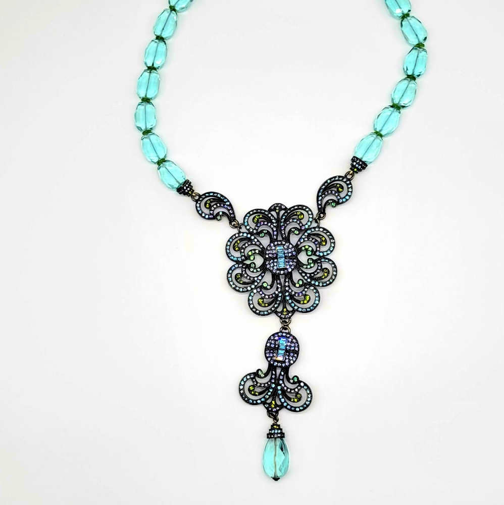 Heidi Daus Multicolor Swarovski Crystal Vintage Abstract Flower Necklace